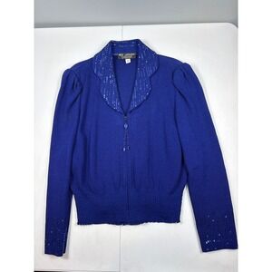 Vintage St John Evening Marie Gray Cobalt Blue Sequin Knit Zip Cardigan 10